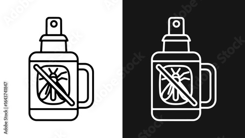 Insect repellent spray bottle icon with no mosquito sign, vector illustration on white and black backgrounds.