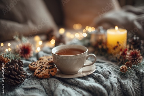 Wallpaper Mural Cozy Coffee Setting. Candles and Warm Knit Blanket for Comfort. Winter still life. White ceramic cup, candlelight. Hot beverage, cookies on a table. Christmas home. Woolen knitted sweater, burn candle Torontodigital.ca