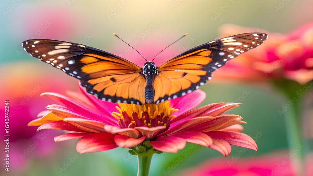 Vibrant butterfly rests on delicate pink flower, nature's beauty captured in exquisite detail Vibrant butterfly rests on delicate pink flower, nature's beauty captured in exquisite detail