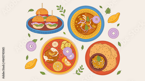 Delicious Indian Street Food Assortment Vector Illustration Showcasing Variety and Culinary Delights from Around the World