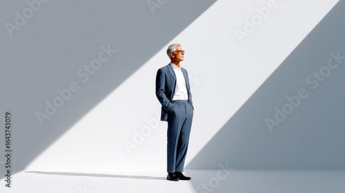 Confident senior executive standing in sunlit office corner, modern suit, strong diagonal light, professional and inspiring mood