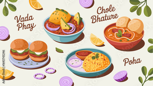 Delicious Assortment of Indian Street Food Poha Vada Phay and Chole Bhature Illustration for Food Enthusiasts