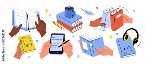 Characters reading, learning, studying with paper books, ebook, audiobook and other library items. Education concept set. Vector illustration.