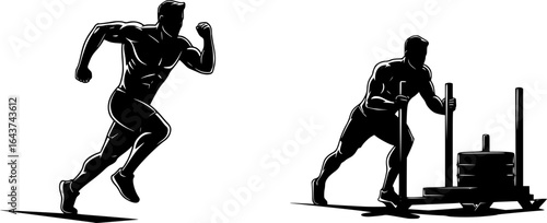 crossfit circuit vector, sprint silhouette, sled push icon, rope wave EPS