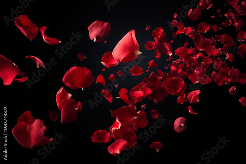 Red rose petals falling on a black background
