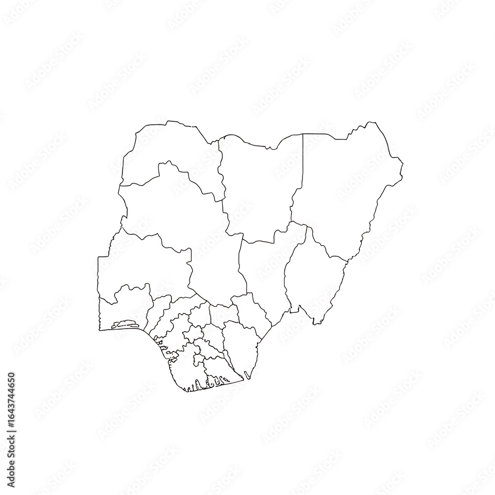 Fototapeta premium Art of outline map of nigeria showing its administrative divisions, isolated on transparent background