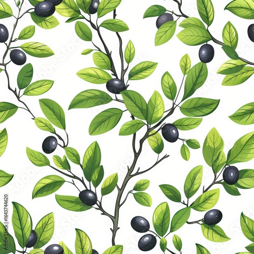 Black olives seamless pattern. Vector cartoon flat illustration. Food background.