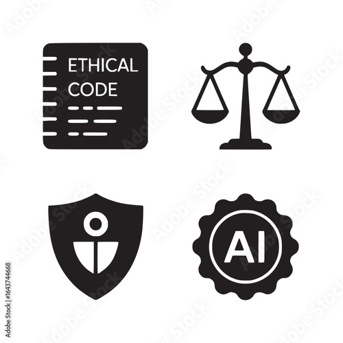 Four black vector icons showing ethical code scales shield and ai symbol on a white background