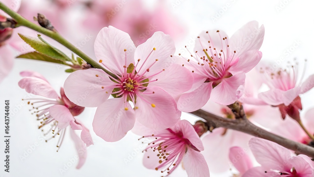 Naklejka premium Beautiful pink flowers on white background, close up,flower, pink, spring, blossom, nature, tree, flowers, bloom, branch, plant, cherry, blooming, beauty, garden, petal, flora, white, macro, blossoms,