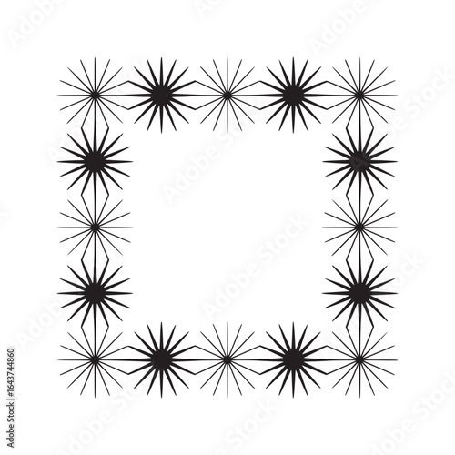 Black and white frame made of starburst shapes connected by lines creating a rectangular border design