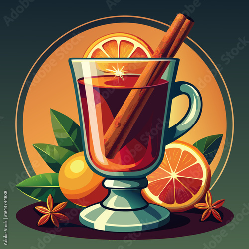 Glass of mulled wine with orange slices and cinnamon sticks.

