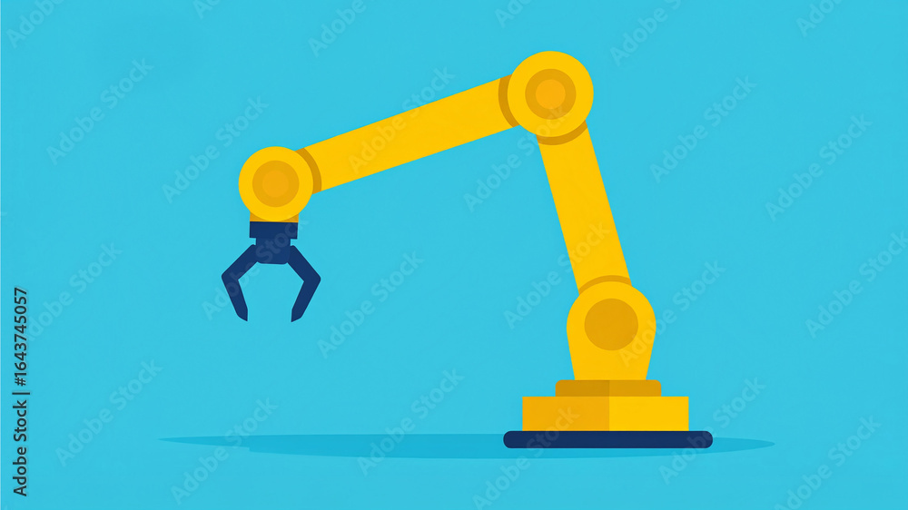 A yellow robotic arm, a symbol of automation and industry, set against a clean, blue backdrop A yellow robotic arm, a symbol of automation and industry, set against a clean, blue backdrop