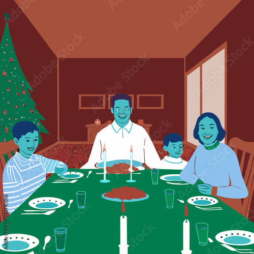 Family enjoying festive holiday dinner together at home.
