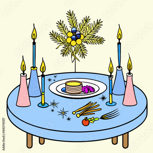 Holiday dinner table set with candles, festive centerpiece, and decorative greenery.
