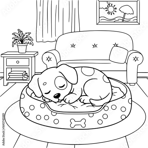 A sleepy puppy napping in a cozy dog bed coloring page