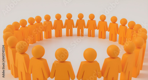 A circle of orange 3D human-like figures holding hands, representing unity and collaboration