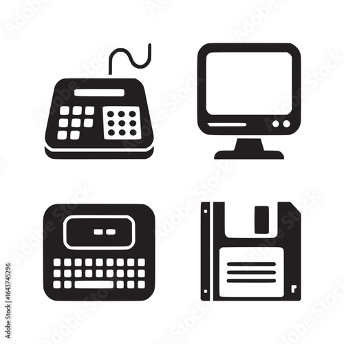 Four retro computer icons including a calculator monitor keyboard and floppy disk arranged in a square