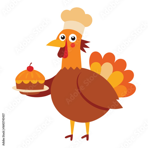 Whimsical cartoon turkey wearing a chef hat proudly displays a perfectly roasted pumpkin for autumn celebrations