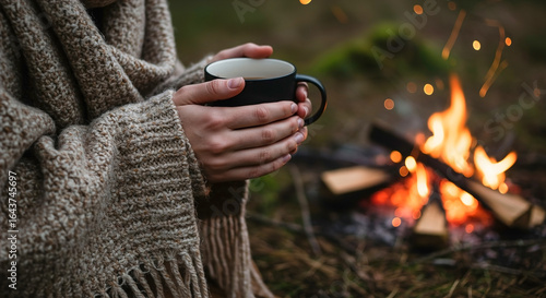 Cozy evening by the campfire with a warm drink in a natural setting during the fall season