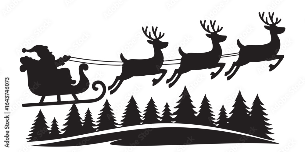 Fototapeta premium Santa Claus on sleigh flying sky with reindeers black vector silhouette , Silhouette of santa claus