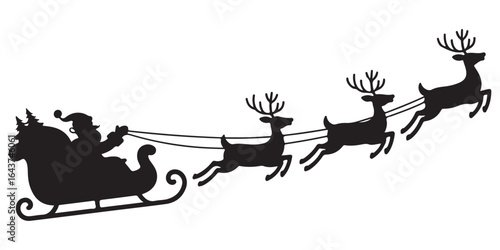 Santa Claus on sleigh flying sky with reindeers black vector silhouette , Silhouette of santa claus
