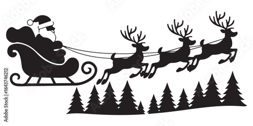 Santa Claus on sleigh flying sky with reindeers black vector silhouette , Silhouette of santa claus