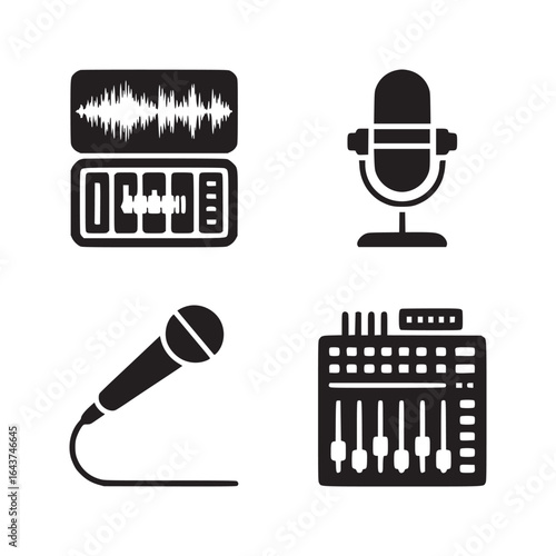 A set of four black and white icons depicting audio recording and mixing equipment in simple style