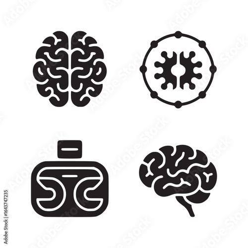 A collection of four black and white icons displaying brains and a vr headset in a square format