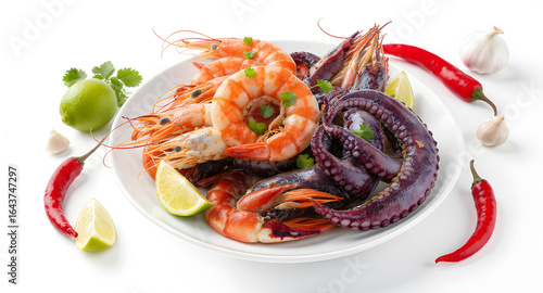 A close-up of a seafood platter featuring shrimp, octopus, lime, and chili peppers on a white background