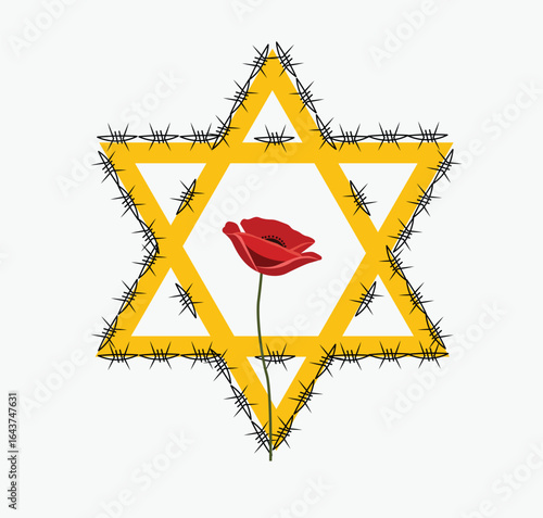 Yom HaShoah Holocaust Remembrance Day Illustration – Star of David with Barbed Wire and Red Flower