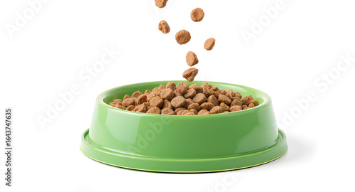 A green dog food bowl with kibble being poured into it