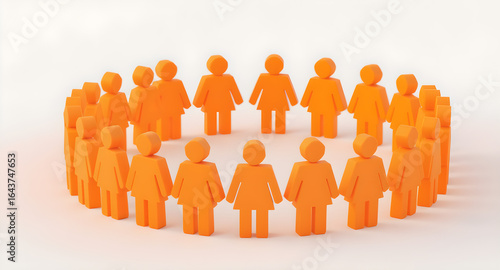A group of orange 3D figures representing people standing in a circle, celebrating or collaborating