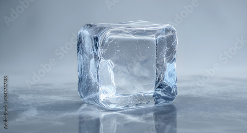 A close-up of a frozen ice cube with visible cracks and bubbles