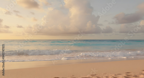 A serene beach scene with calm waves and a beautiful sunset