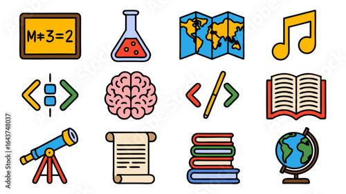 Education icons representing school subjects and academic disciplines