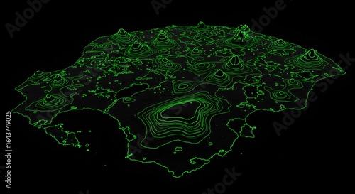 Isometric map of an island with green contour lines and cone shaped hills on a black background
