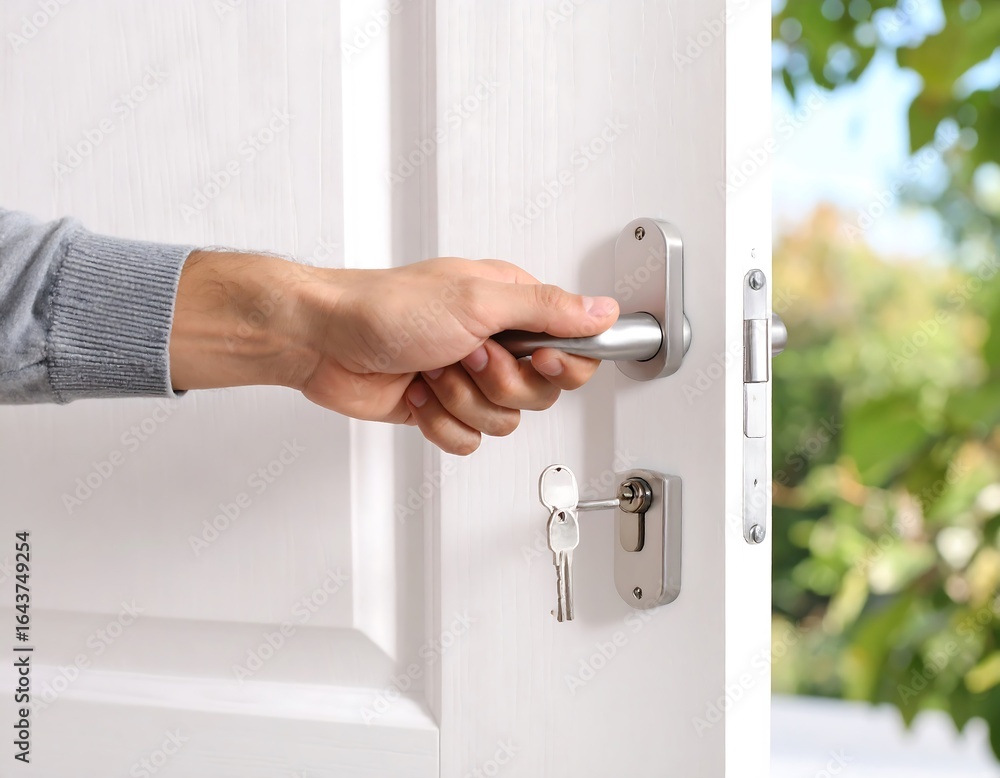 Naklejka premium A hand opens a white door