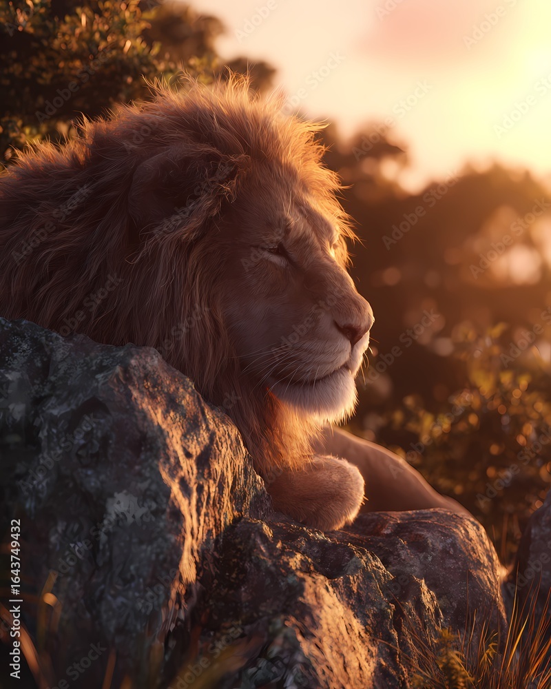 Naklejka premium Telephoto shot of a majestic lion resting under golden sunset light.