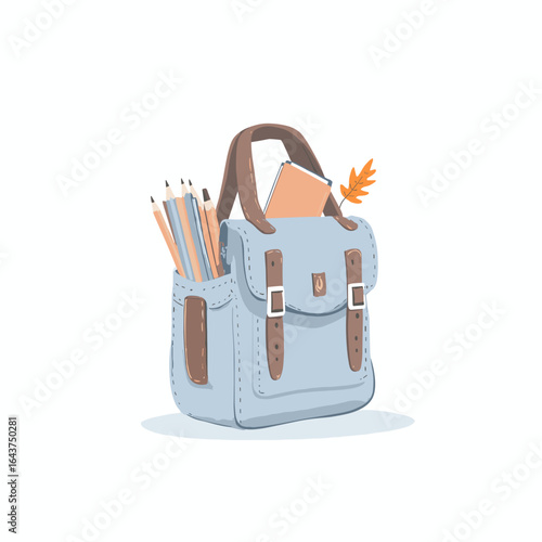 Stylish blue backpack filled with school supplies and a notebook