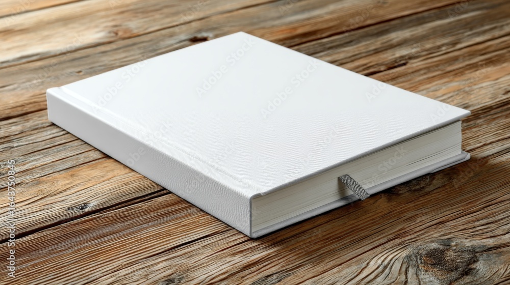 Fototapeta premium Blank hardcover book on rustic wooden table with natural decor elements around it.