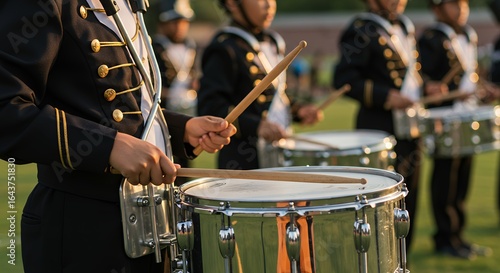 A young musician in a formal uniform focuses on playing the snare drum, embodying the rhythm and discipline of a marching band.