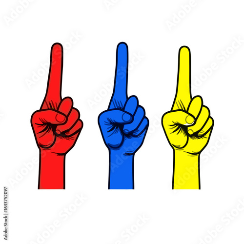 Colorful foam fingers in red, blue, and yellow, raising a finger in celebration, copy space