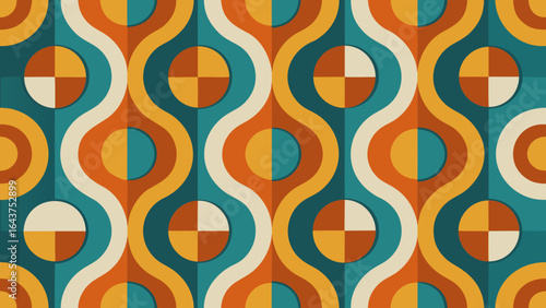 Retro geometric pattern with bold mustard, turquoise, and burnt orange shapes