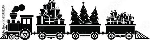 Christmas train carrying gifts and trees isolated on white background