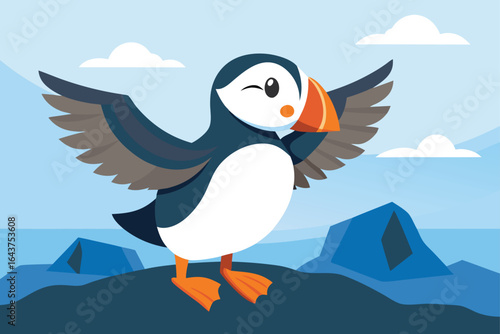 adorable puffin flapping wings on rocky shore  .eps