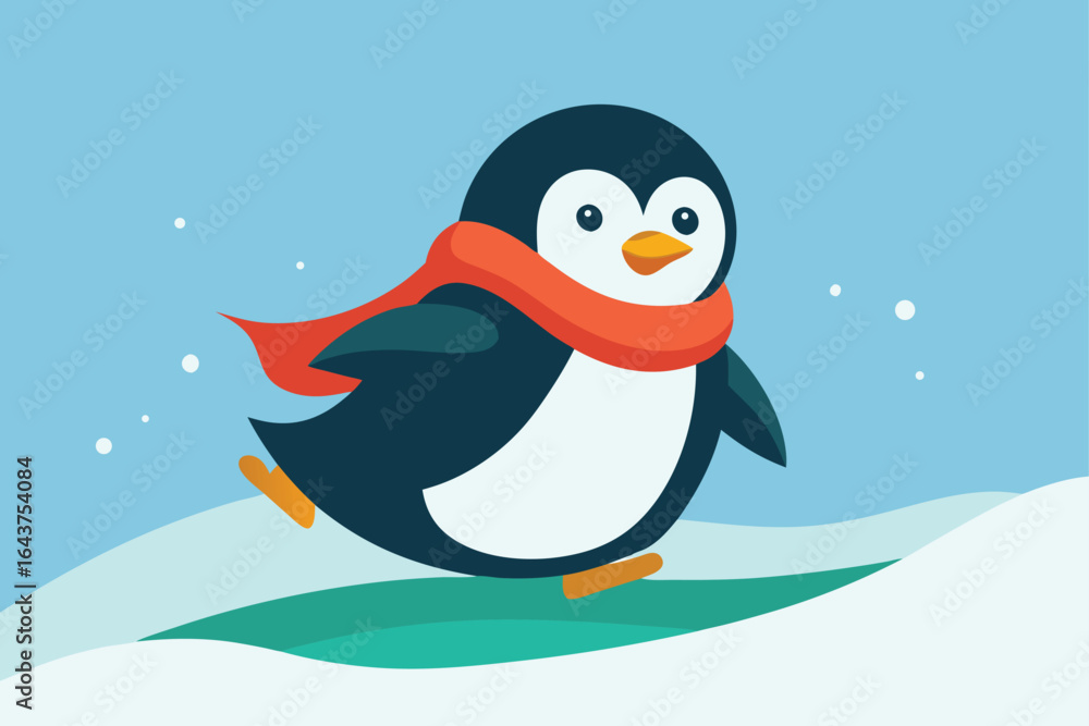 Naklejka premium chubby penguin in a scarf sliding on icy snow .eps