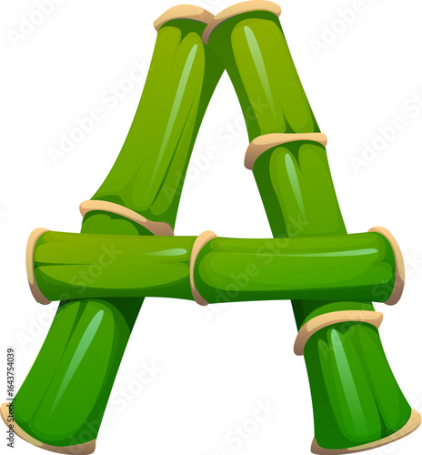 jungle bamboo plant font letter A. Asian jungle bamboo kids ABC type element, Japan tropical forest plant isolated cartoon vector English alphabet typeface sign. China forest tree branch font symbol
