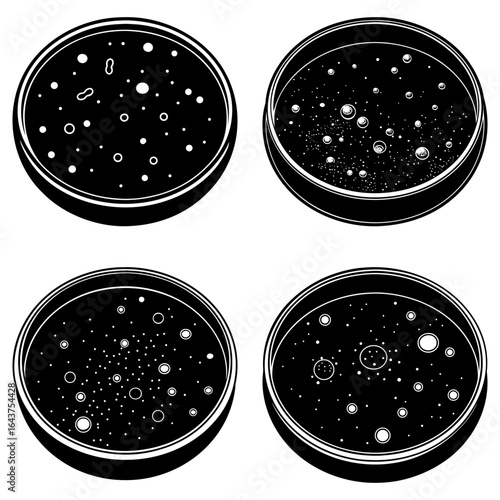Four petri dishes showing bacterial colonies of varying densities in a black and white illustration