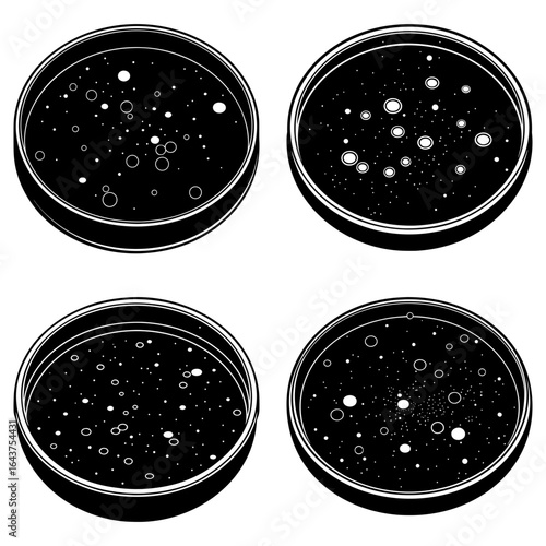 Four petri dishes displaying bacterial colonies of varying densities in black and white style