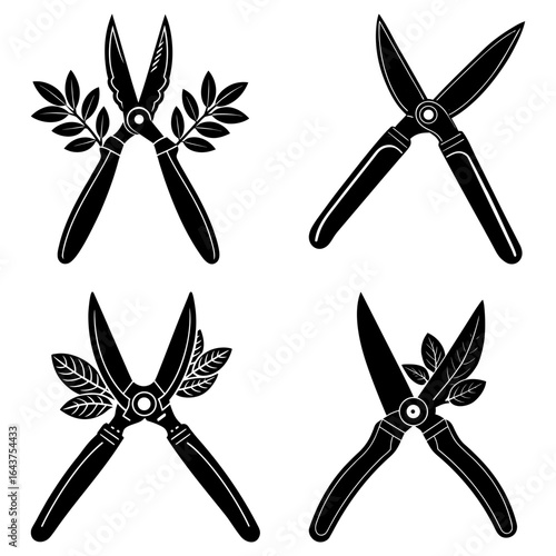 Four black and white illustrations of gardening shears with foliage in a symmetrical arrangement